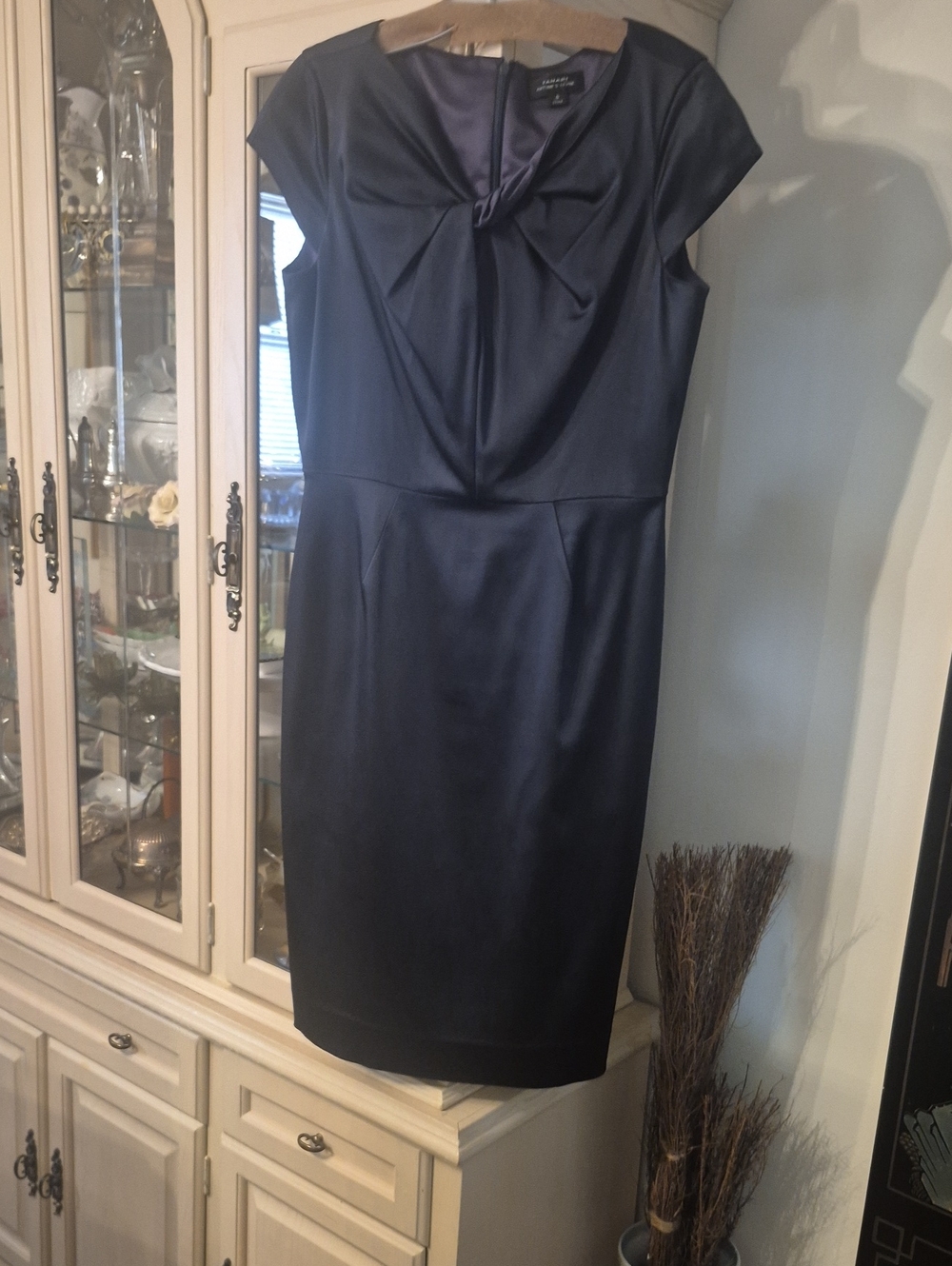 Tahari ASL Navy Knot-Front Cap-Sleeve Sheath Dress